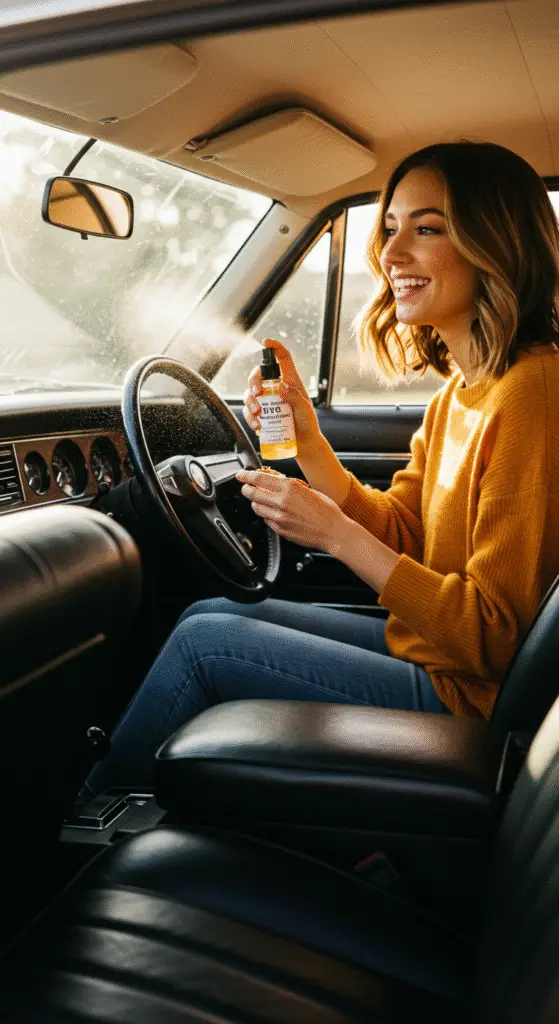Personne utilisant un spray désodorisant DIY dans l'intérieur de sa voiture, avec des agrumes et des herbes sur le tableau de bord