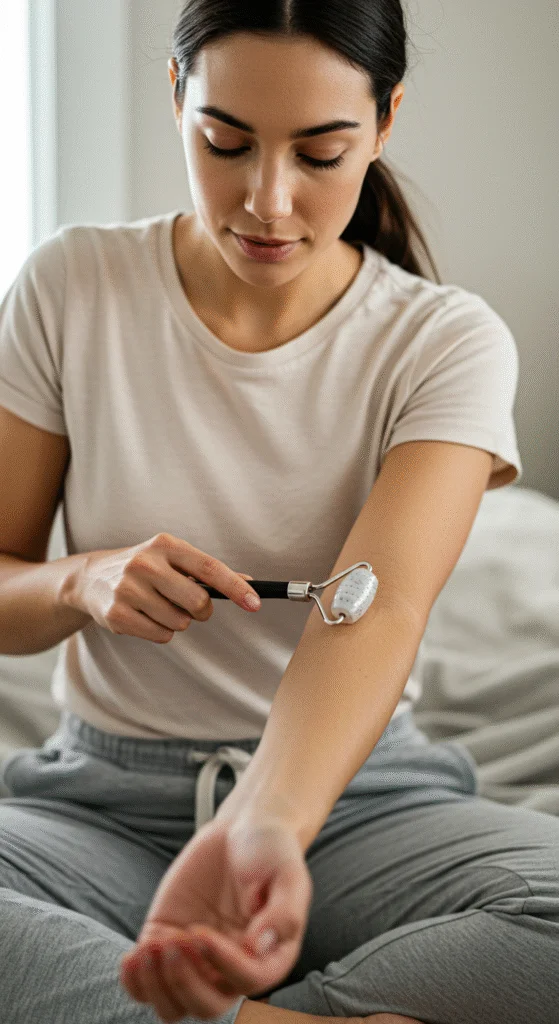 Personne utilisant un roller d'huile de magnésium pour apaiser et détendre les muscles