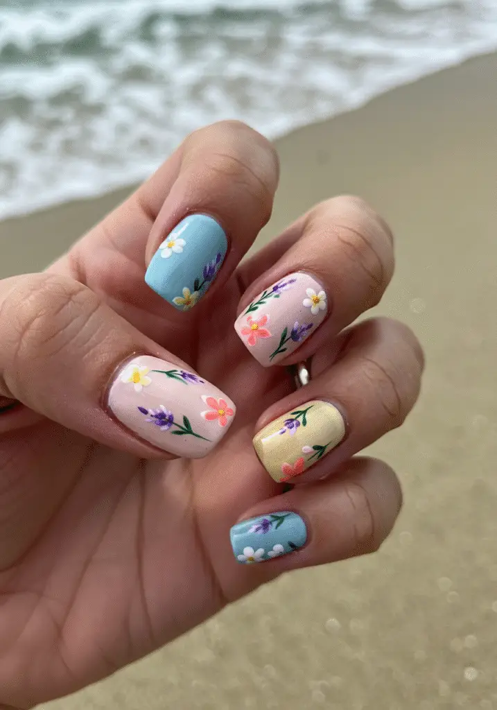Design de manucure estivale avec couleurs pastel et motifs floraux, parfait pour les journées à la plage en 2025