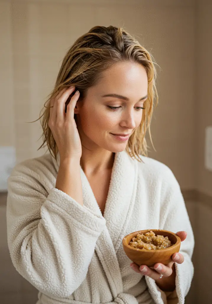 Femme appliquant un scrub naturel fait maison sur son cuir chevelu pour une croissance capillaire saine