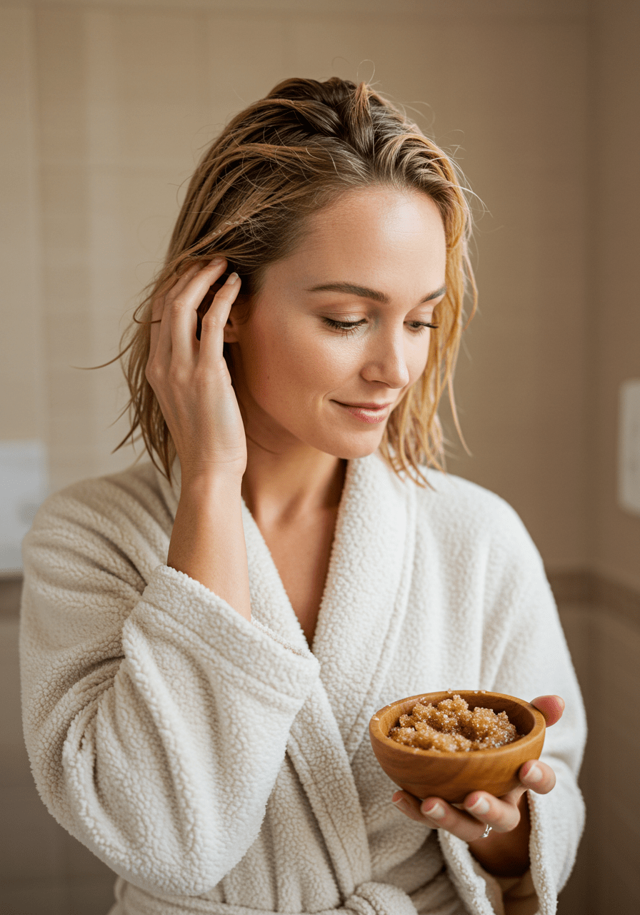 Femme appliquant un scrub naturel fait maison sur son cuir chevelu pour une croissance capillaire saine