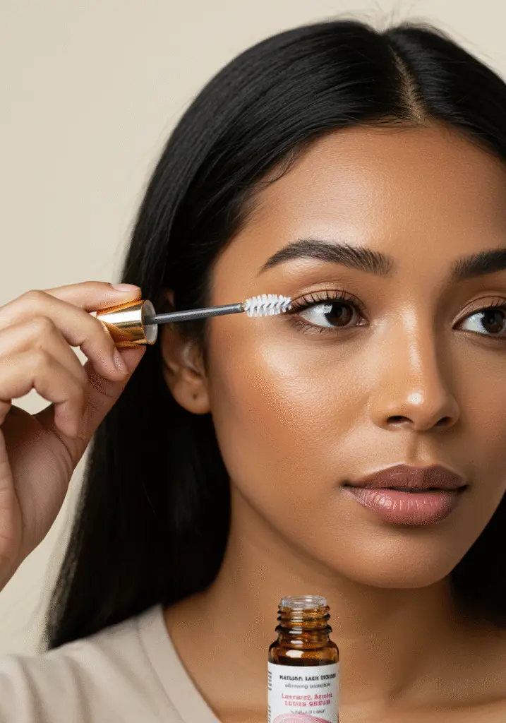 Femme appliquant un sérum pour cils fait maison avec des ingrédients naturels pour des cils plus longs et plus riches