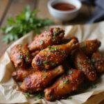 Ailes de poulet barbecue et sésame finies, prêtes à être dégustées dans une présentation savoureuse.