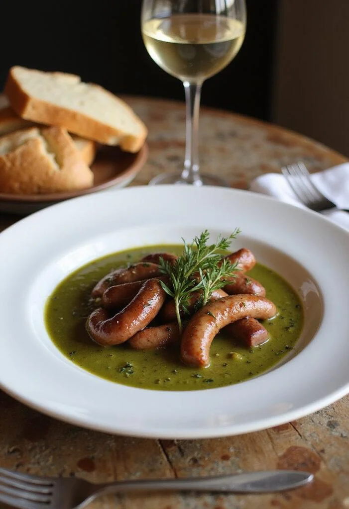 Finished Andouillette Moutarde dish with herbs, bread, and wine, ready to enjoy.