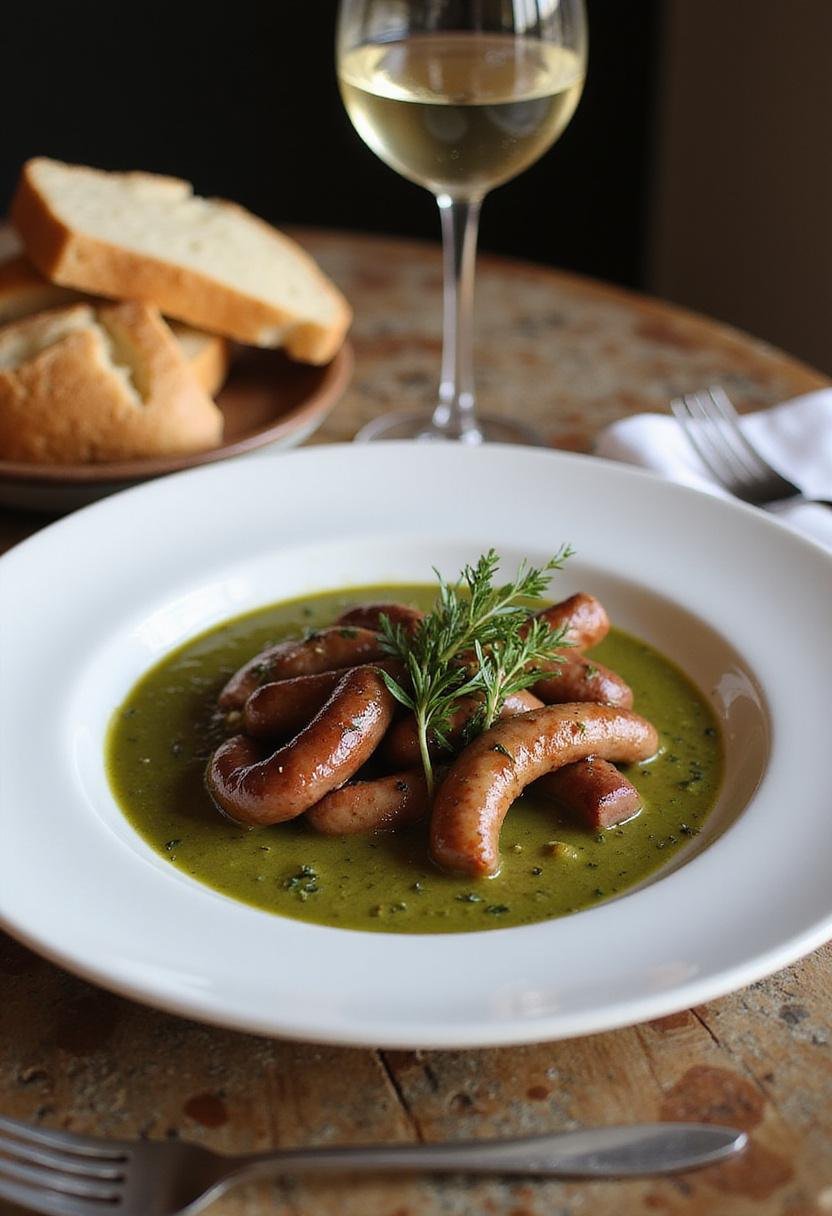 Finished Andouillette Moutarde dish with herbs, bread, and wine, ready to enjoy.