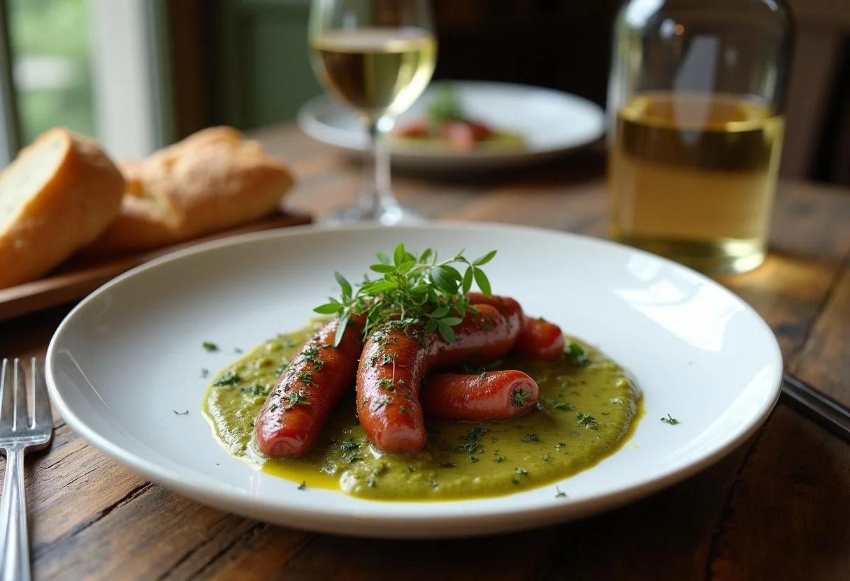 Plat d'Andouillette Moutarde fini avec des herbes, du pain et du vin, prêt à être dégusté.