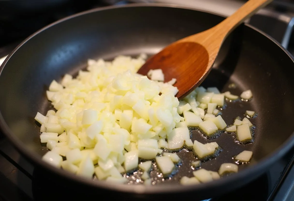 Oignons sautant dans l'huile pour la préparation de l'Andouillette Moutarde.