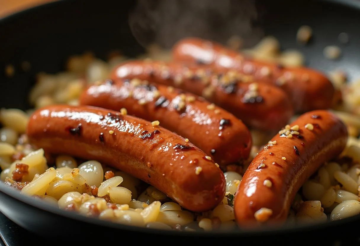 Andouillettes saisissant dans une poêle pour le plat d'Andouillette Moutarde.