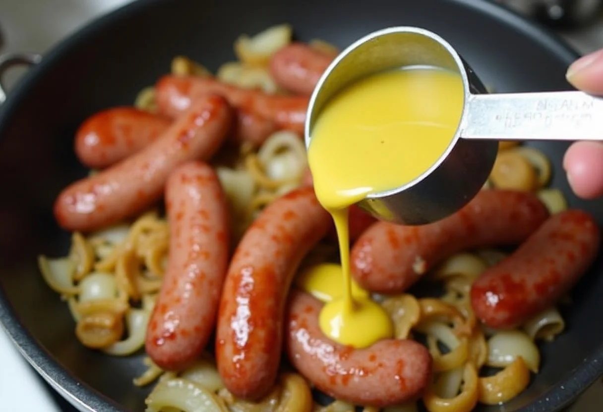Sauce crémeuse à la moutarde ajoutée à l'andouillette et aux oignons pour l'andouillette à la moutarde.