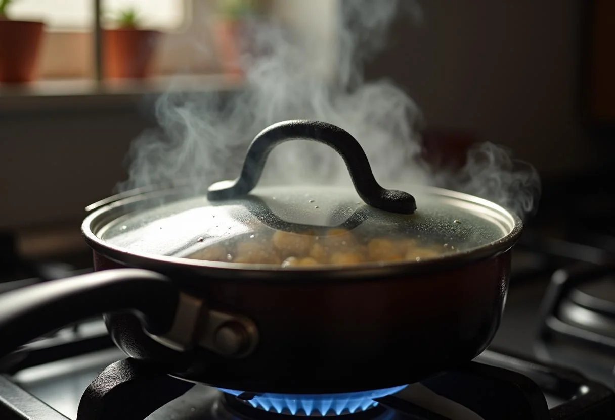 Andouillette Moutarde mijotant recouverte sur le cuiseur pour le développement de la saveur.