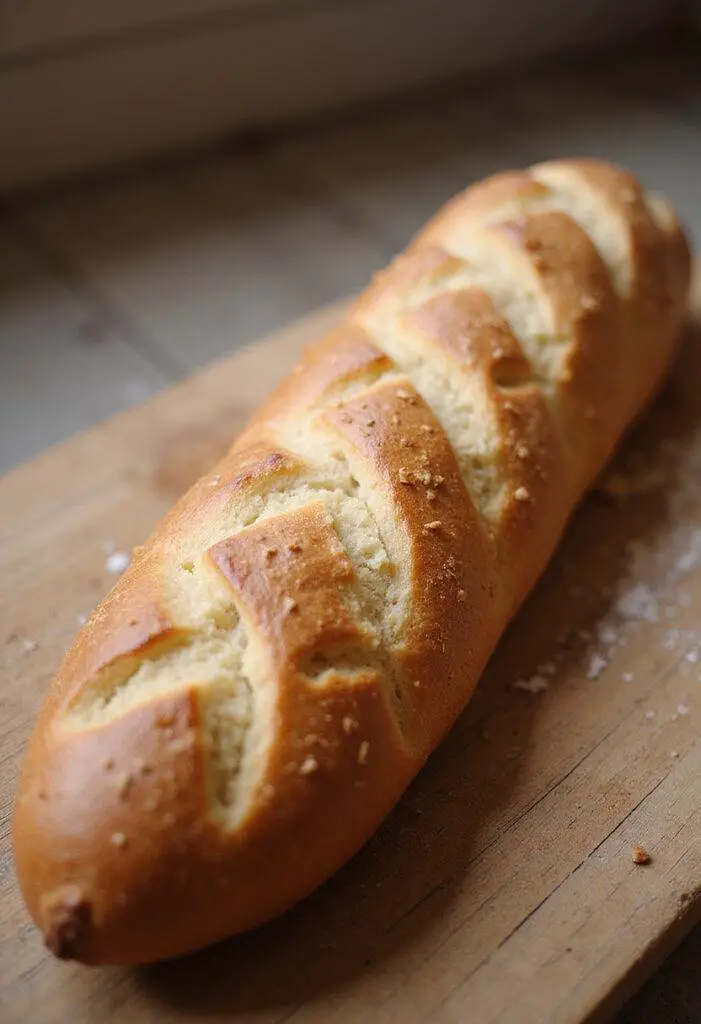 Golden crusted traditional baguette ready to be sliced and enjoyed.