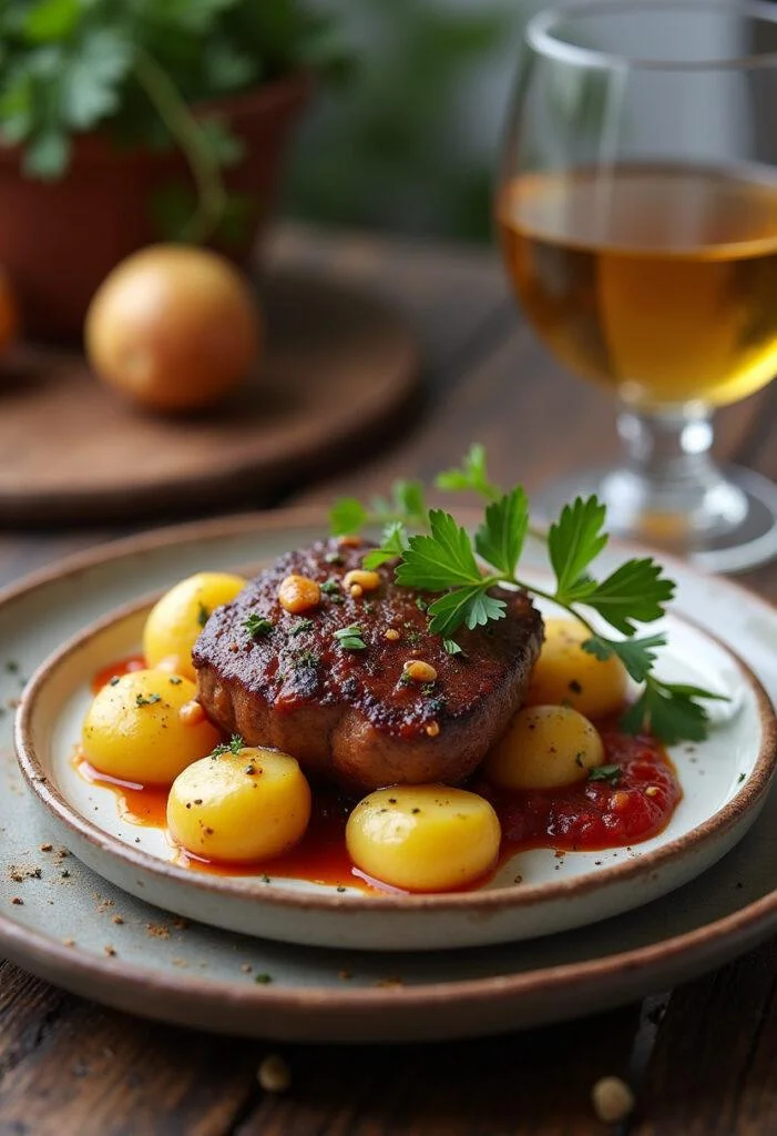 Finished Boudin Noir aux Pommes displayed on a rustic table, perfect for a French culinary experience.