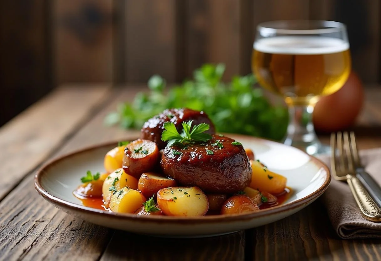 Finished Boudin Noir aux Pommes displayed on a rustic table, perfect for a French culinary experience.