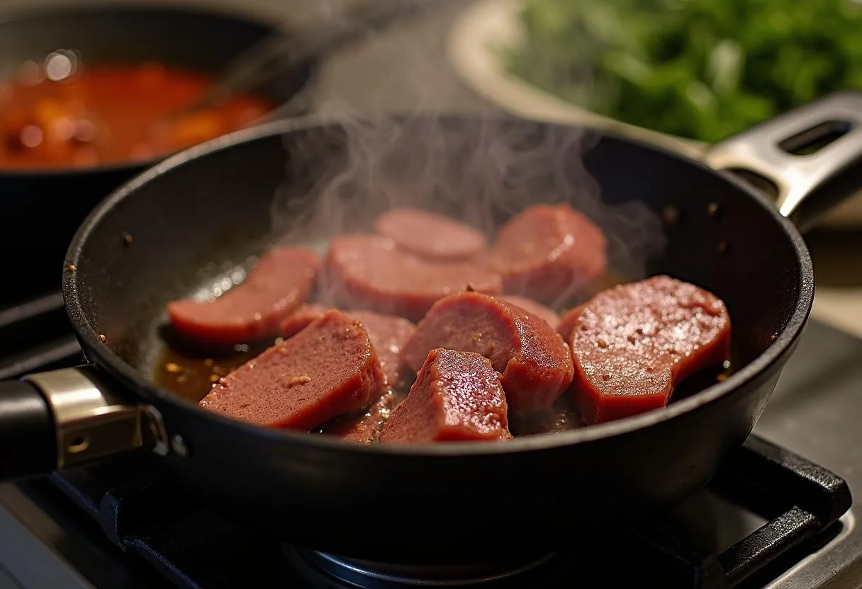 Boudin noir being seared in a skillet for Boudin Noir aux Pommes.