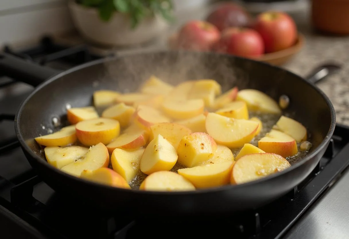 Sliced apples sautéing in butter, preparing for Boudin Noir aux Pommes.