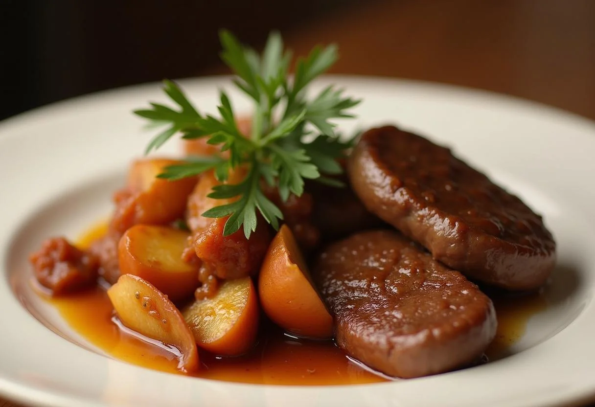 Plated Boudin Noir aux Pommes with sautéed apples and herbs, ready to serve.