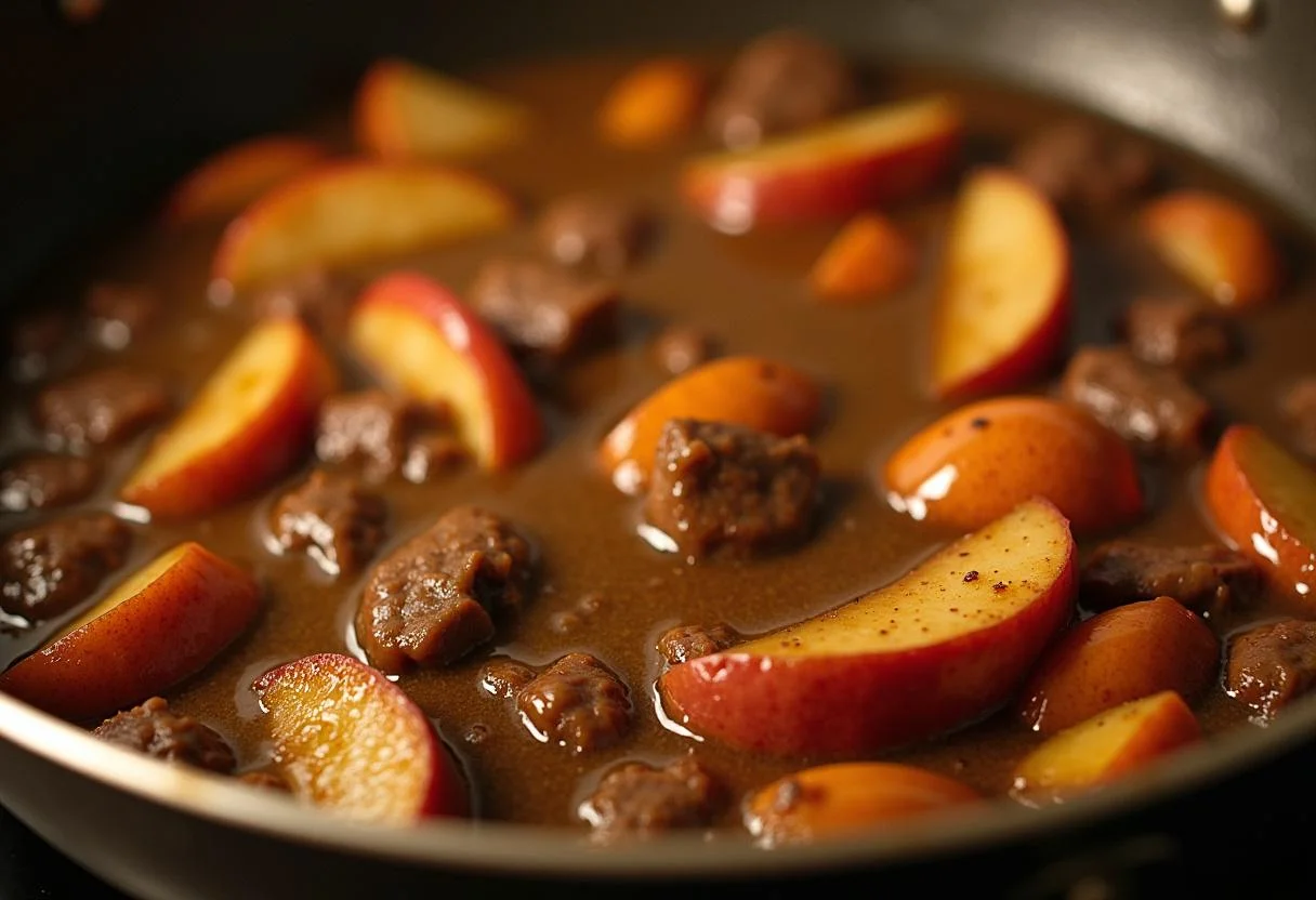 Boudin noir and apples simmering in apple cider for Boudin Noir aux Pommes.