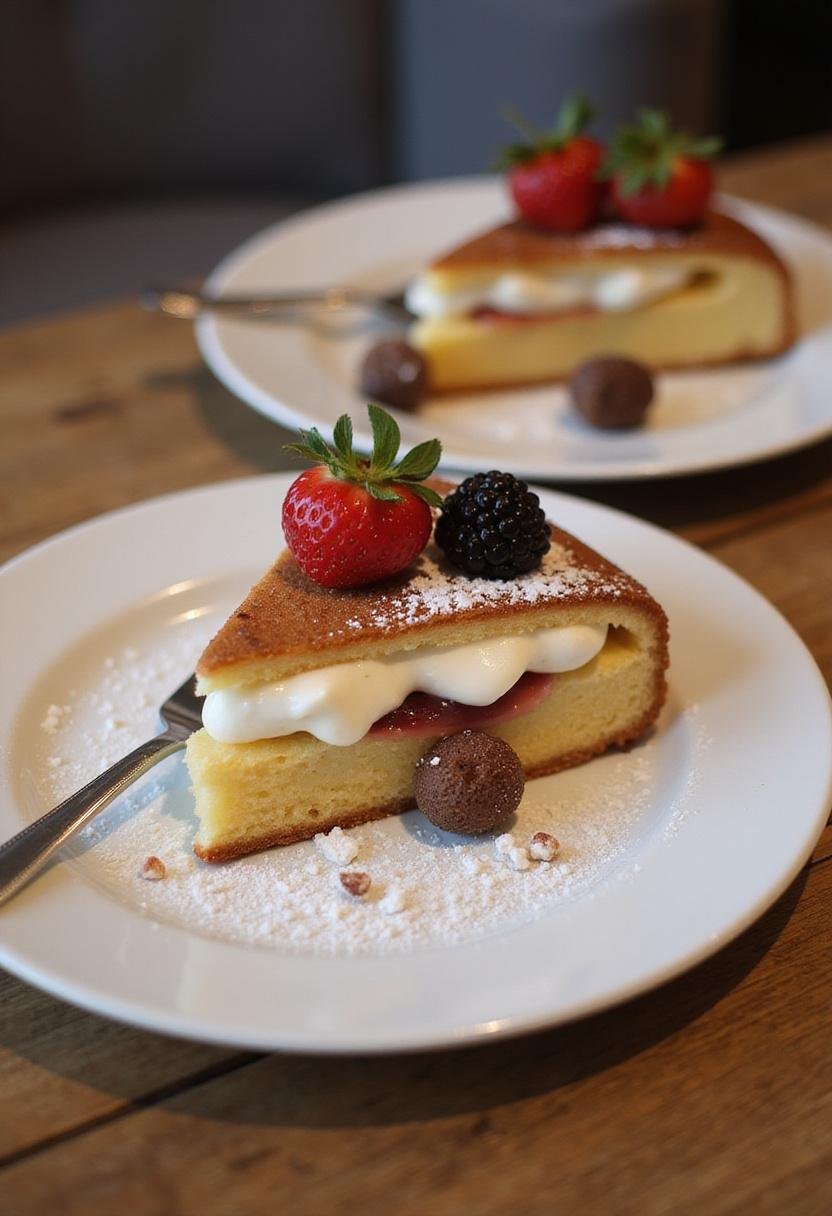 Carré Moelleux au Lait et Crème Douce avec du sucre en poudre et des baies fraîches, parfait pour le dessert.