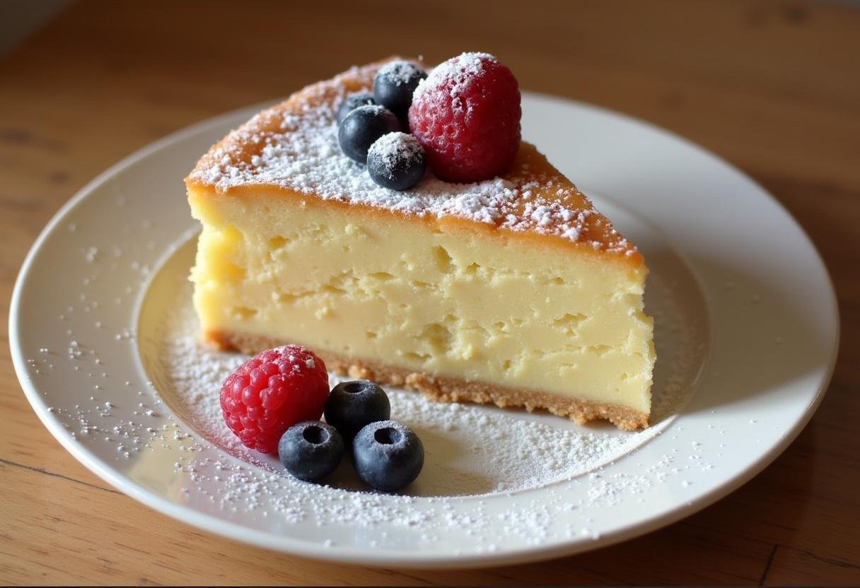 Carré Moelleux au Lait et Crème Douce avec du sucre en poudre et des baies fraîches, parfait pour le dessert.