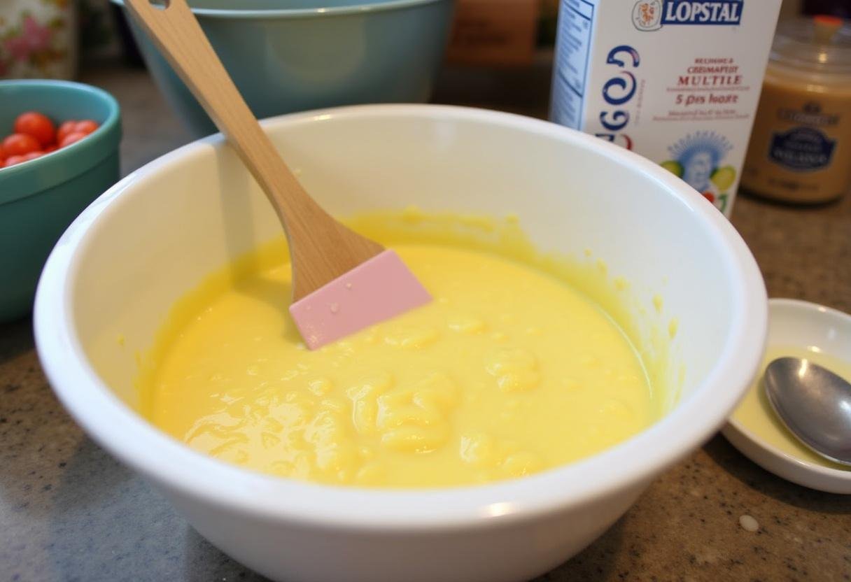 Mélange crémeux d'œufs et de lait pour le Carré Moelleux au Lait et Crème Douce.