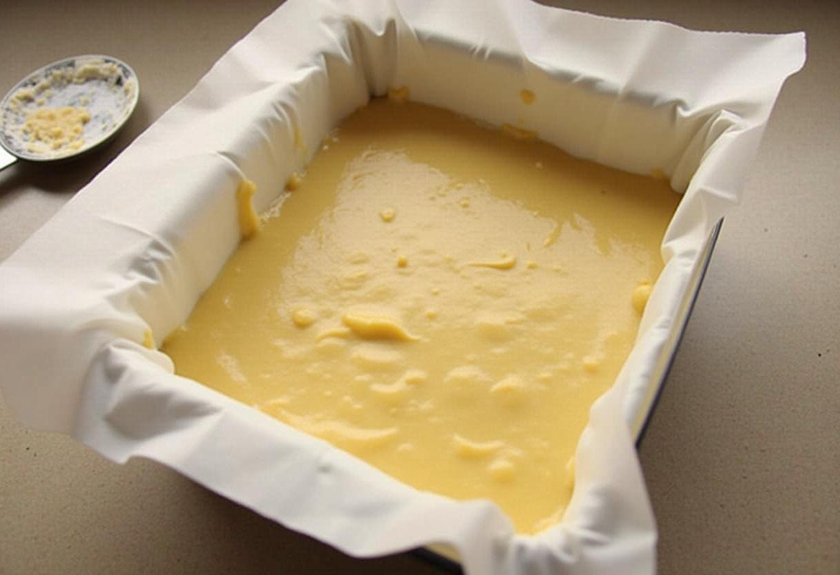 Batter being versée dans un plat de cuisson pour le Carré Moelleux au Lait et Crème Douce.