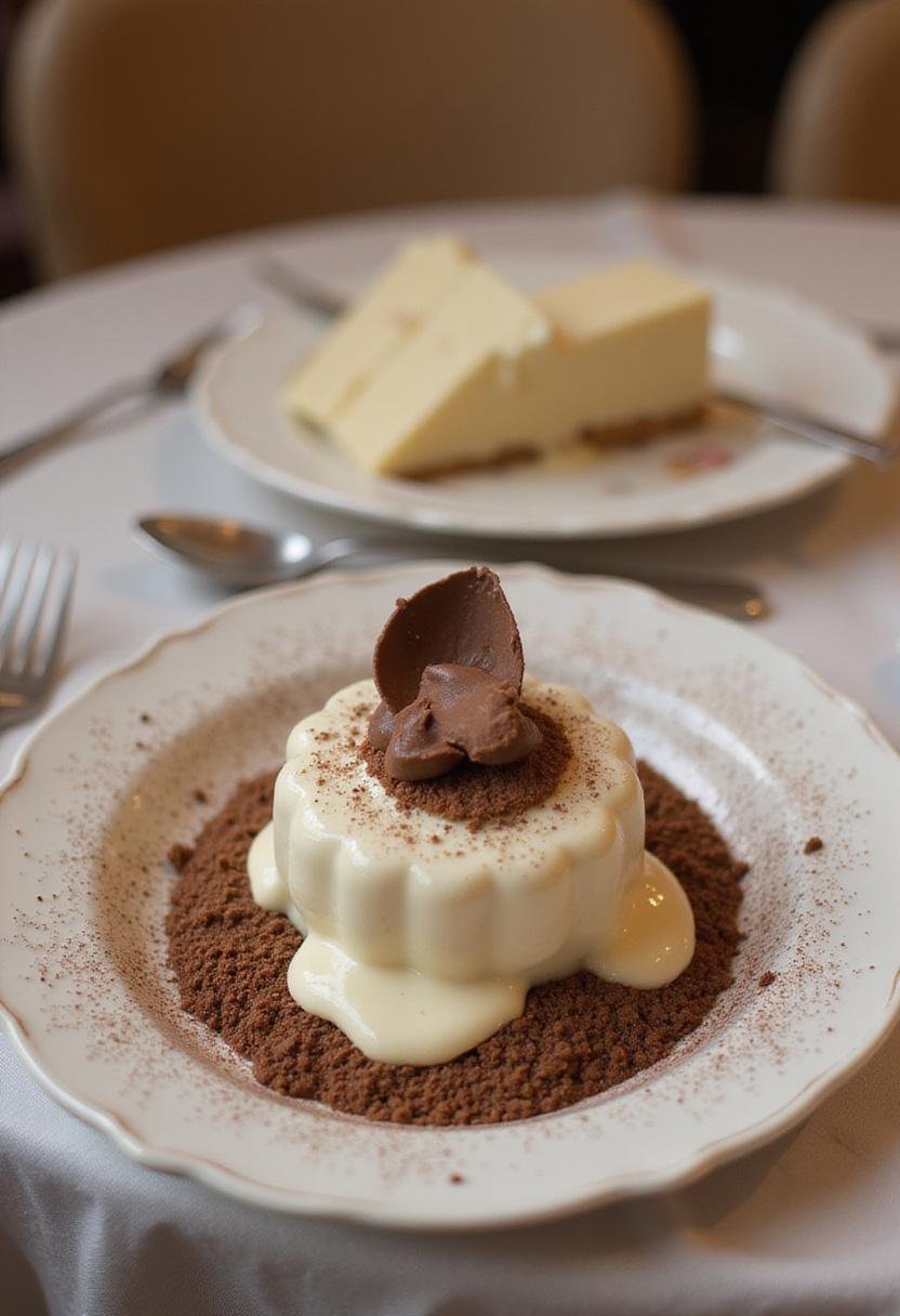 Finished Carré Satiné au Chocolat Blanc et Crème beautifully plated for serving.