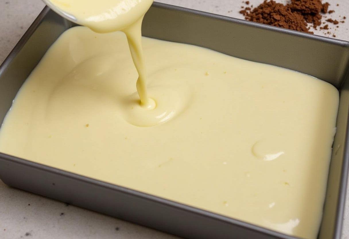 White chocolate and cream mixture being poured into a baking dish for Carré Satiné au Chocolat Blanc et Crème.