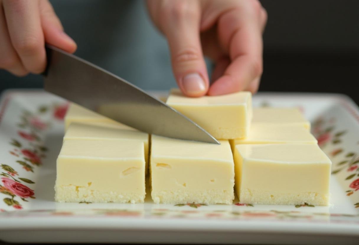 Cutting chilled Carré Satiné au Chocolat Blanc et Crème into neat squares.