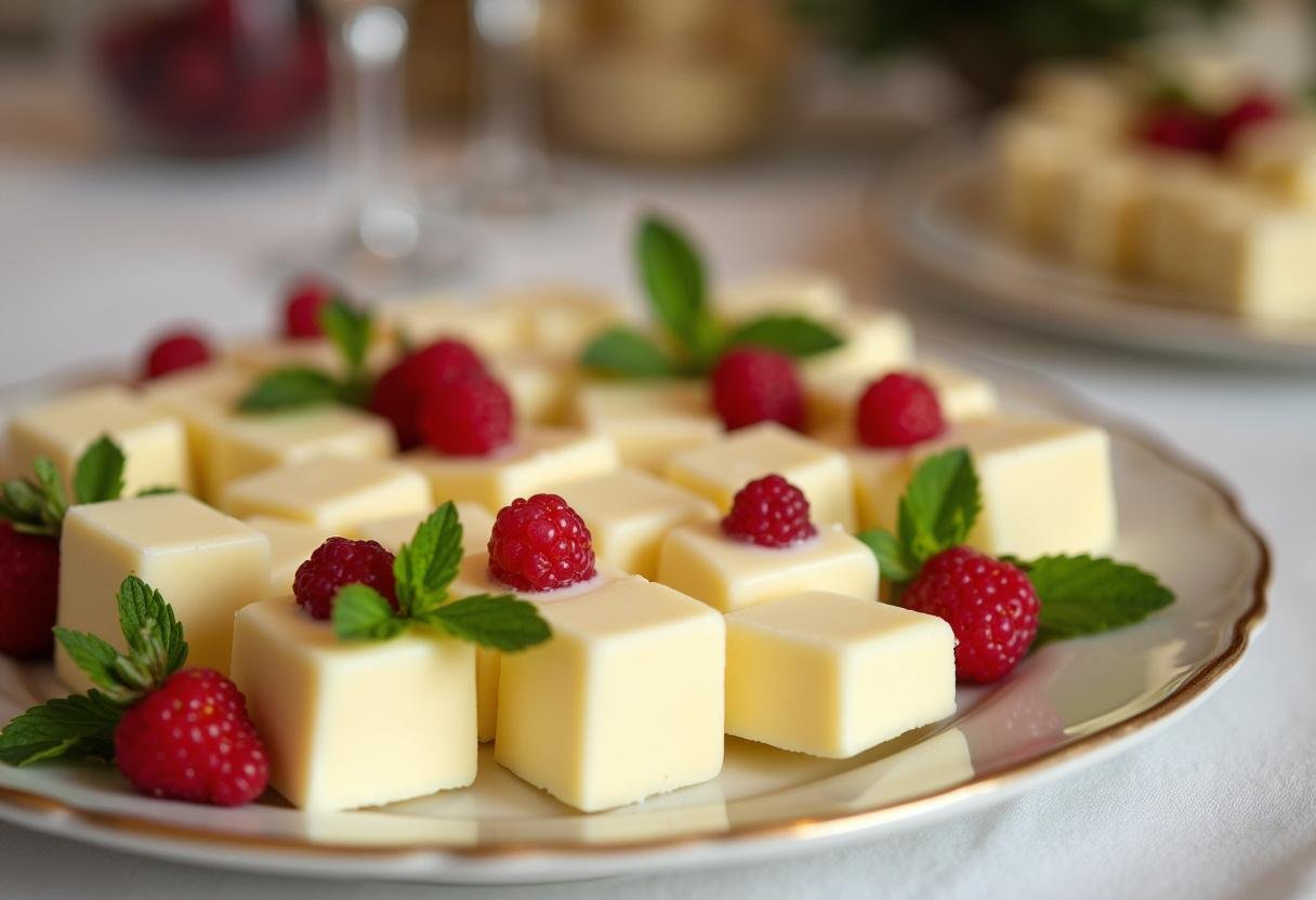 Garnished Carré Satiné au Chocolat Blanc et Crème squares ready to serve.