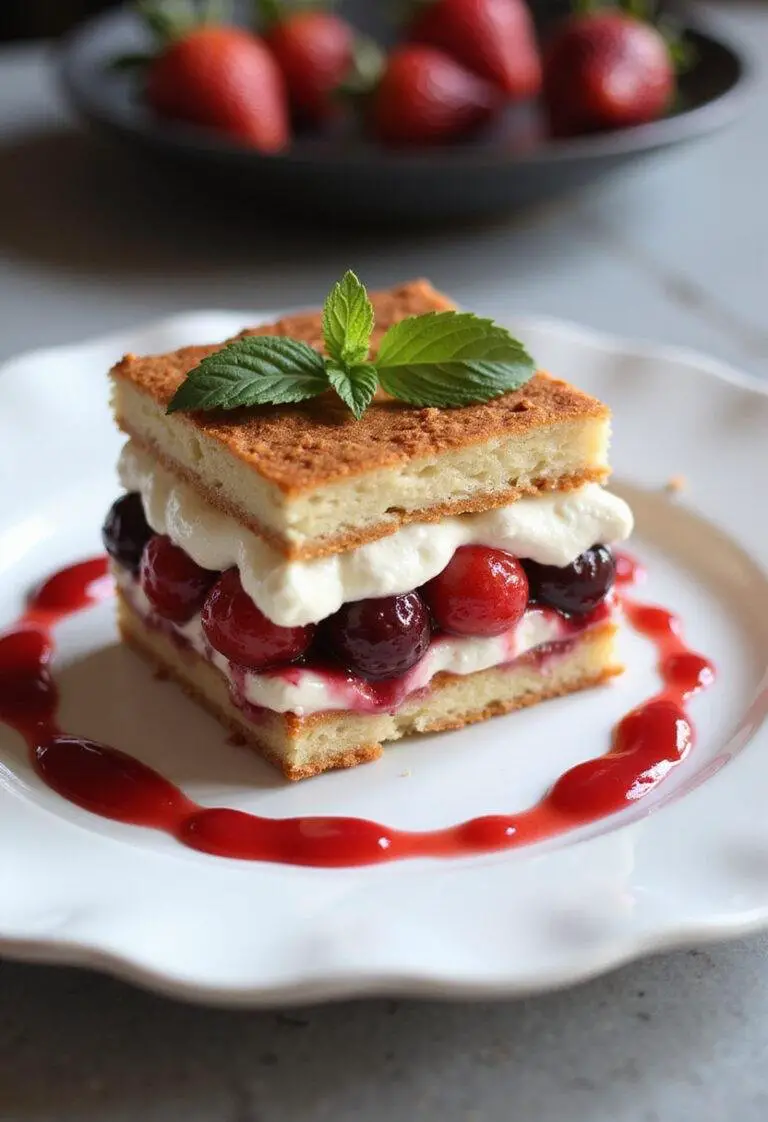 Slice of Charlotte Tiramisu Acidulée aux Fruits Rouges garnished with red fruits and mint.