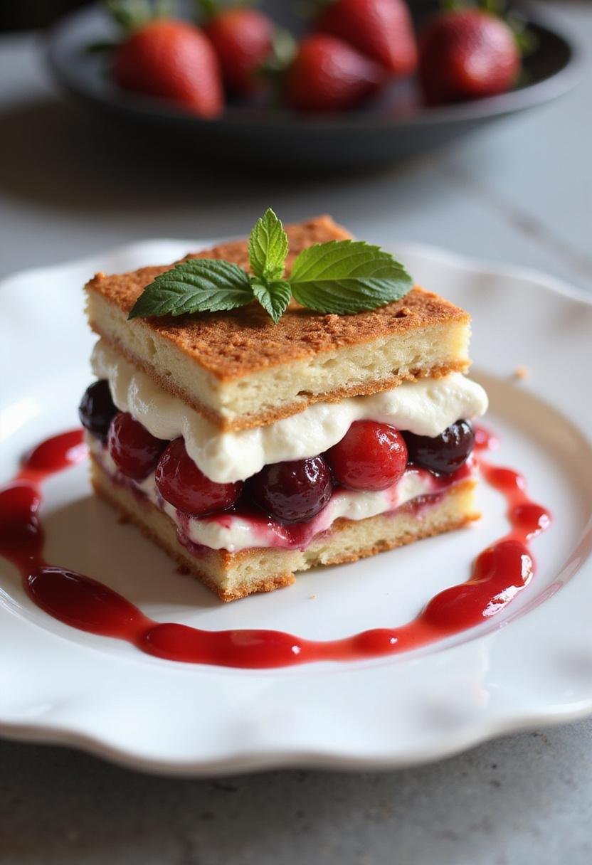 Slice of Charlotte Tiramisu Acidulée aux Fruits Rouges garnished with red fruits and mint.