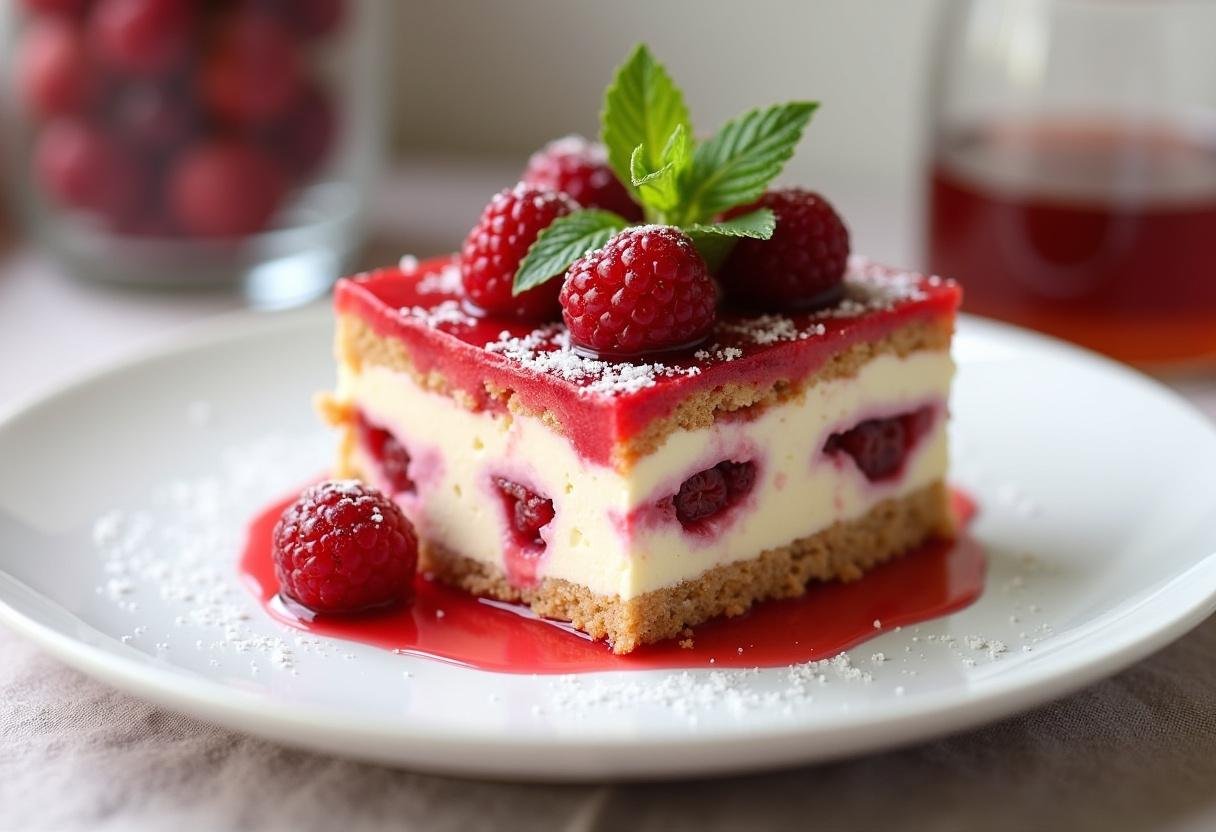 Slice of Charlotte Tiramisu Acidulée aux Fruits Rouges garnished with red fruits and mint.