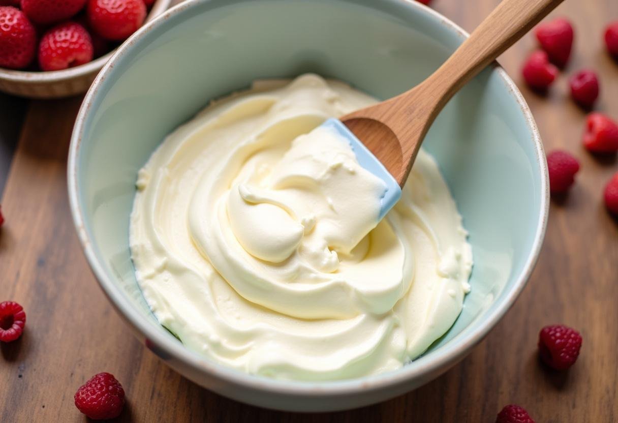 Mixing mascarpone and whipped cream for Charlotte Tiramisu Acidulée aux Fruits Rouges.