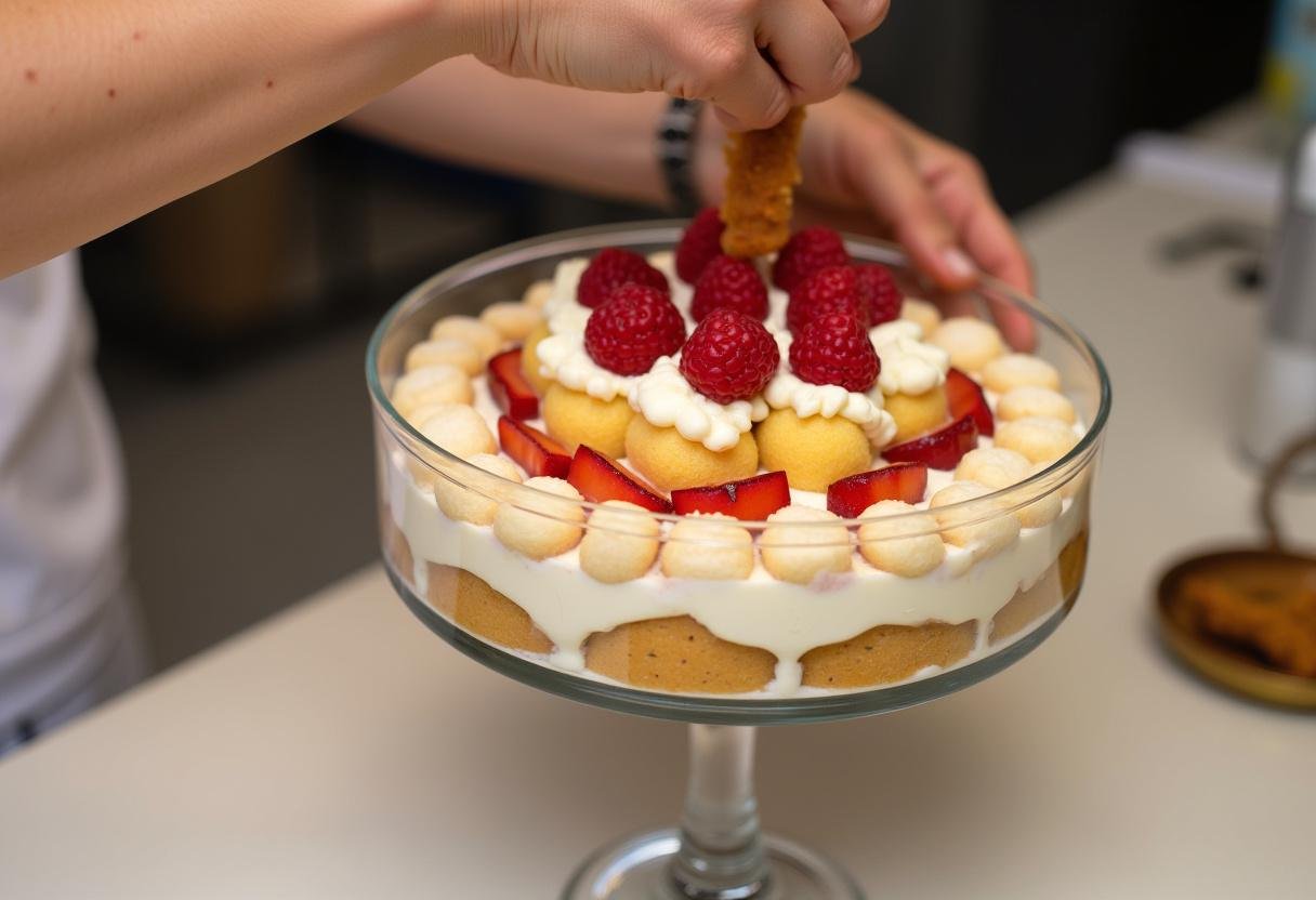 Assembling layers of Charlotte Tiramisu with ladyfingers and red fruits.