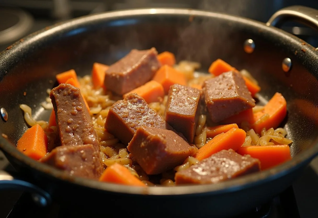 Viande de lièvre saisie avec des légumes dans une casserole pour Civet de Lièvre Savoureux.