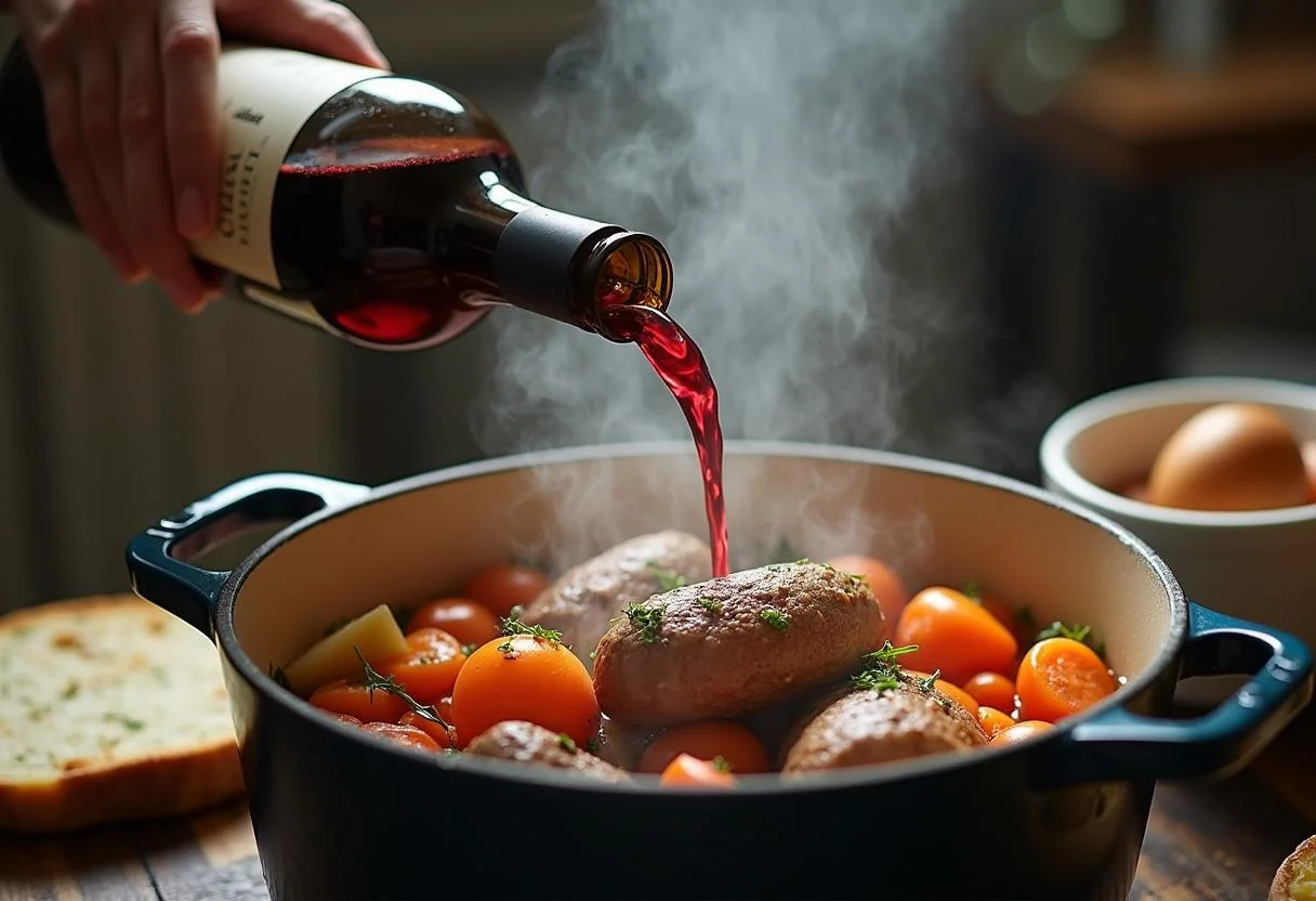 Vin rouge ajouté au lièvre saisi et aux légumes pour une saveur améliorée dans Civet de Lièvre Savoureux.