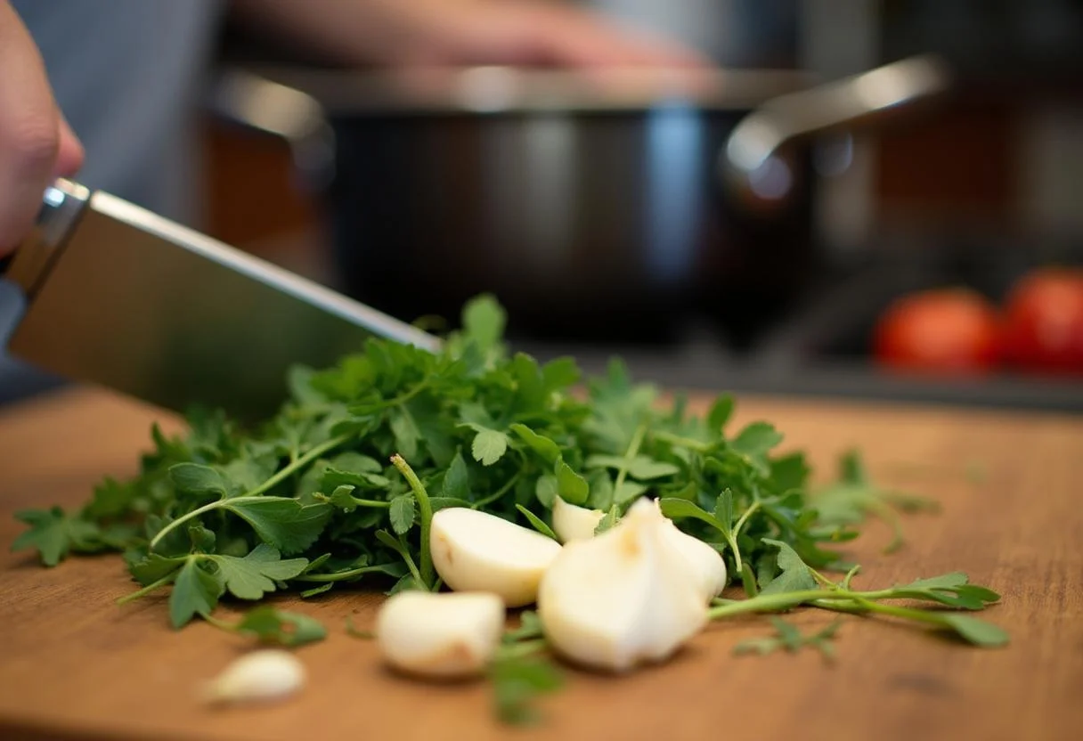 Herbes hachées et ail prêts à être ajoutés à la casserole de Civet de Lièvre Savoureux pour une saveur aromatique.
