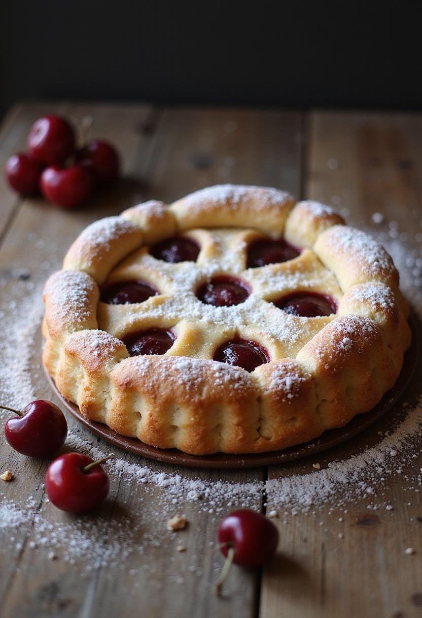 Finished Clafoutis aux Cerises Moelleux, ready to be enjoyed as a dessert.