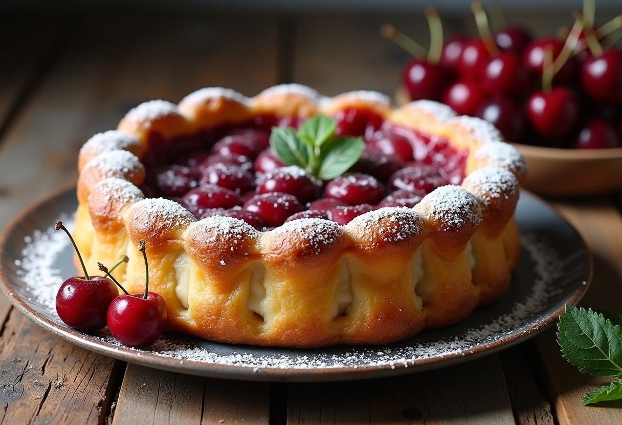 Finished Clafoutis aux Cerises Moelleux, ready to be enjoyed as a dessert.