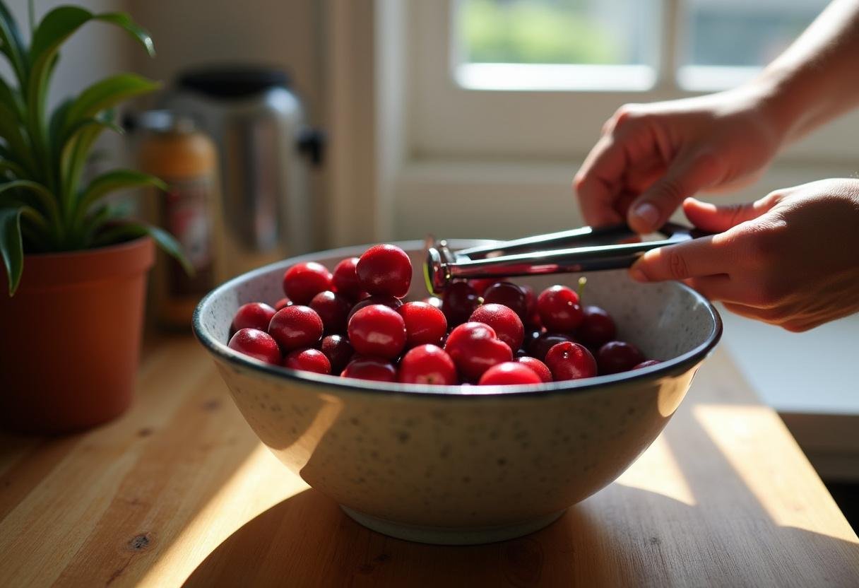 Fresh cherries being prepared for Clafoutis aux Cerises Moelleux.
