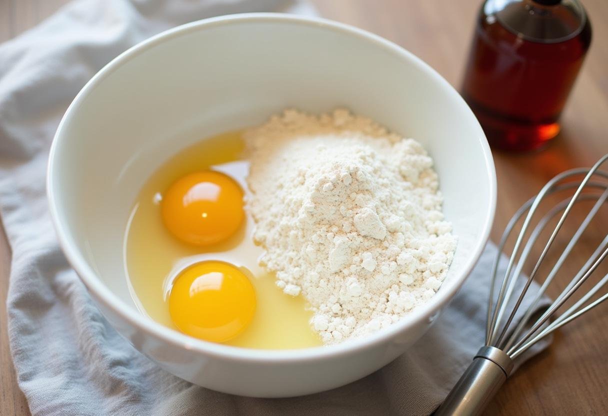 Ingredients for Clafoutis aux Cerises being mixed together in a bowl.