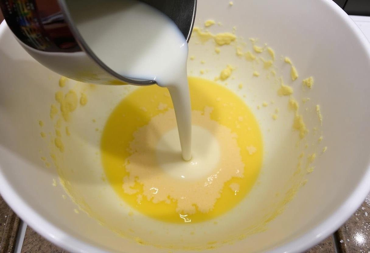 Pouring milk into the Clafoutis batter mixture for a smooth texture.