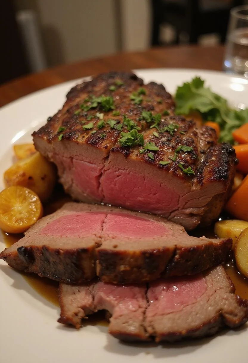 Sliced Côte de Bœuf on a platter, beautifully presented with herbs and roasted vegetables.