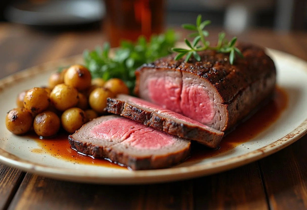 Côte de Bœuf tranchée sur un plateau, magnifiquement présentée avec des herbes et des légumes rôtis.