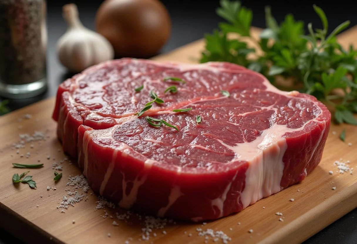 Côte de Bœuf préparée avec des herbes fraîches et de l'ail pour la grillade.