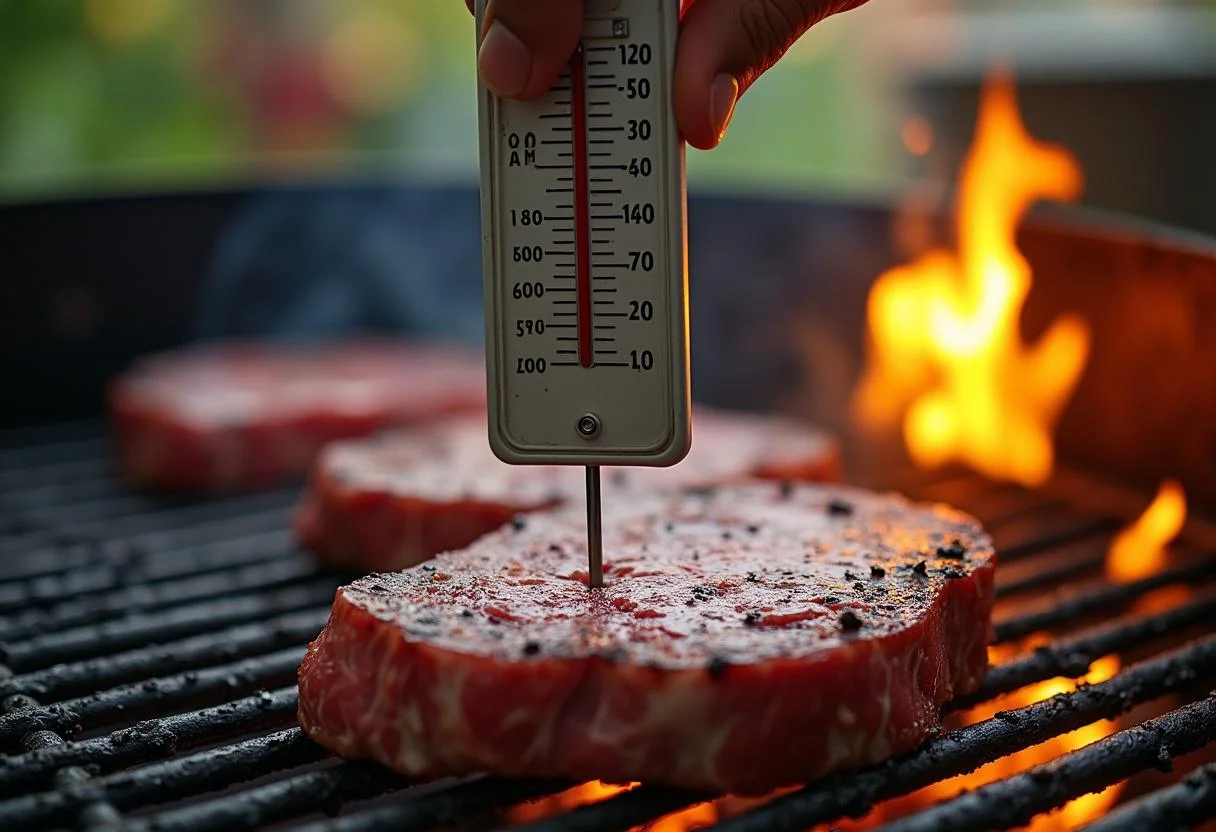 Utilisation d'un thermomètre à viande pour vérifier la cuisson de la Côte de Bœuf grillée.