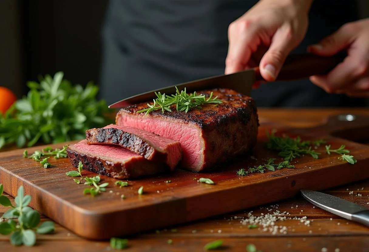 Côte de Bœuf grillée retirée du gril, prête à être découpée et servie.