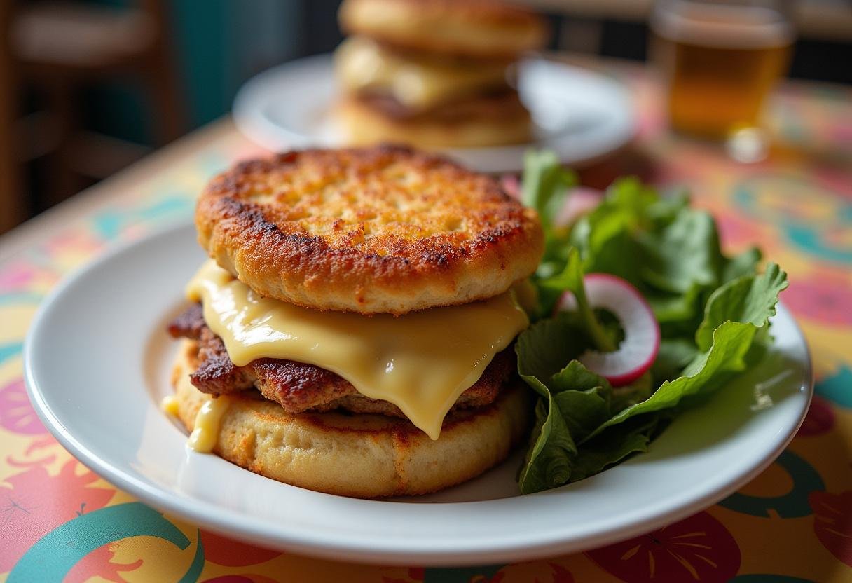 Délicieux Croque-Monsieur Gourmand au Poulet Rôti avec poulet rôti et mélange de jeunes pousses, parfait pour un repas gastronomique.