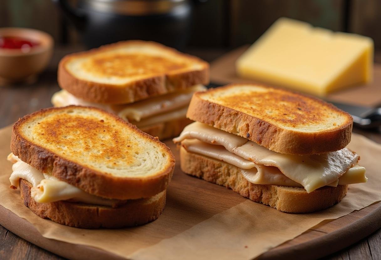 Préparation de Croque-Monsieur avec du pain rustique, du poulet rôti et du fromage suisse sur une planche à découper.