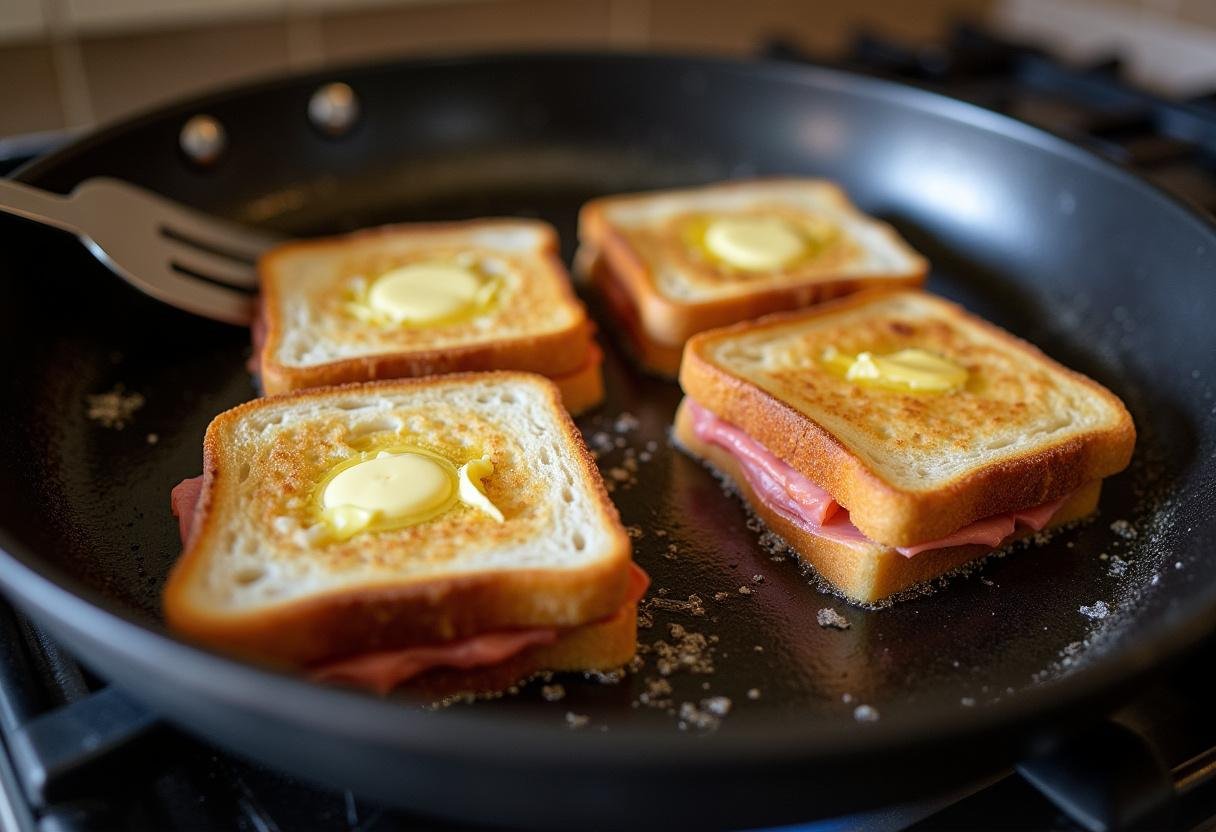 Faire fondre du beurre dans une poêle pour griller des Croque-Monsieur sandwiches avec du poulet rôti.